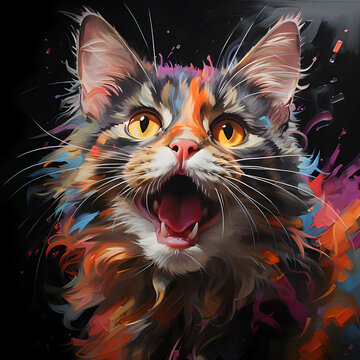 Colorful portrait of a cat with colorful paint splashes on a black background