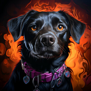 Portrait of a dog in a collar on a fire background.