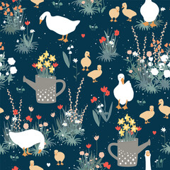 Cute goose and gosling in a Spring garden seamless pattern. Baby and adult geese and first flowers cute background. Vector illustration.