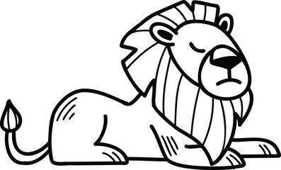 A cartoon lion is sitting on its haunches with its head down