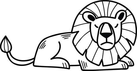 A cartoon lion is sitting on its haunches with its head down