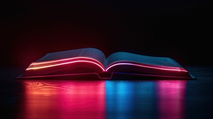 An open book with pages illuminated by neon pink and blue lights creating a magical and mysterious atmosphere