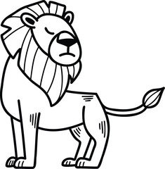 A cartoon lion is sitting on its haunches with its head down
