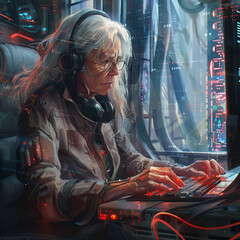 Modern mature female hacker in glasses sits at a computer, illustration in neon red blue. Concept of security, hacking, data leakage.
