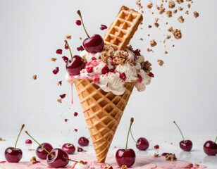 A waffle cone overflowing with ice cream, cherries, pomegranate seeds, granola, and a waffle cookie, stands upright on a marble surface surrounded by melting ice cream and cherries with granola.