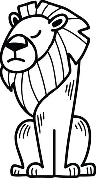 A cartoon lion is sitting on its haunches with its head down