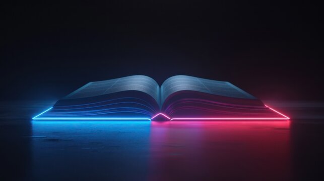 An open book with neon blue and pink lights on the edges creating a mysterious and futuristic atmosphere The light reflects on a dark surface with a subtle sheen