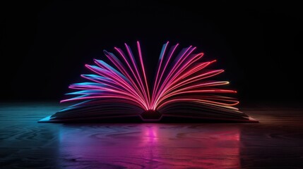 Glowing neon book on a dark background