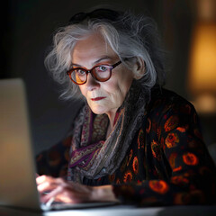 Grandma at the computer. The concept of teaching computer literacy and modern technologies to older people..