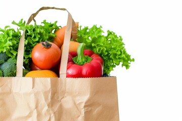 Closeup of a paper bag filled with fresh and healthy food items, isolated on a white background