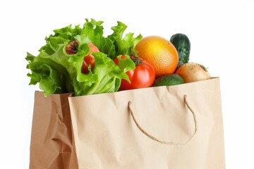 Closeup of paper bag filled with fresh fruits and vegetables, isolated on white background