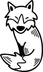 A cartoon fox is sitting on the ground with its paws on its hips