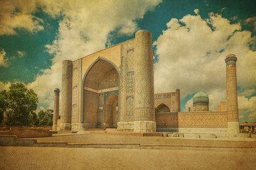 Vintage image of Bibi-Khanym Mosque in Samarkand, Uzbekistan. - 787051686