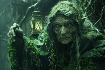 A ghastly hag with deep wrinkles and wild eyes, reaching out from her swampy abode, a lantern casting a green glow over her creepy form.