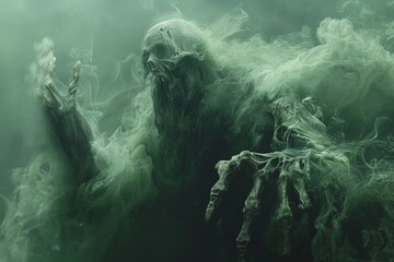 A ghastly figure with translucent skin and elongated fingers, its mouth agape in a silent scream, enveloped in a murky green fog. - obrazy, fototapety, plakaty