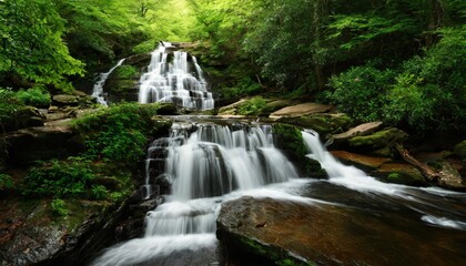 Naklejka premium Serene cascading waterfall in lush forest