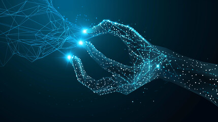 A hand is reaching out to another hand, with a blue background. Concept of connection and unity, as if the two hands are reaching out to each other in a gesture of friendship or support