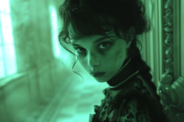 A ghostly child with blank eyes and a Victorian dress, reaching out silently from the end of a dimly lit, green-tinged hallway