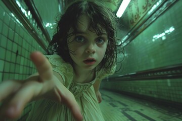 Fototapeta premium A ghostly child with blank eyes and a Victorian dress, reaching out silently from the end of a dimly lit, green-tinged hallway