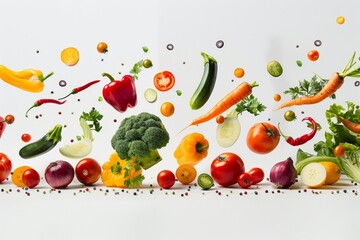Various fresh vegetables falling on white background