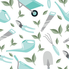 seamless pattern of garden tools namely shovel, secateurs, wheelbarrow, rake, saw and watering can in pastel blue colors and green leaves, for textile, print or banner