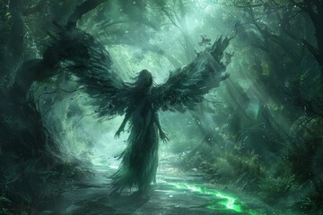 A menacing phantom with tattered wings, hovering in a haunted forest, hands reaching towards a green-lit path beckoning travelers to their doom - obrazy, fototapety, plakaty
