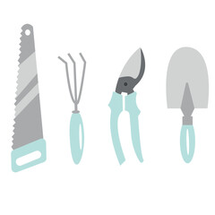 set of garden tools, namely a small spade, a saw, a secateur and a rake in blue colors, for posters, banners or packaging
