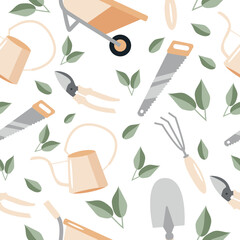 seamless pattern of garden tools namely shovel, secateurs, wheelbarrow, rake, saw and watering can in pastel brown colors and green leaves, for textile, print or banner