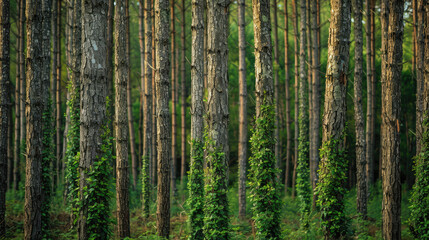 optimistic landscape photography of reforestation, tree trunks growing, green and filled with nature