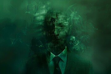 AI generated illustration of a man in suit and tie standing with obscured face in smoke