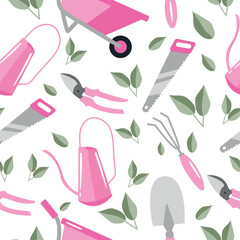 seamless pattern of garden tools namely shovel, secateurs, wheelbarrow, rake, saw and watering can in pastel pink colors and green leaves, for textile, print or banner