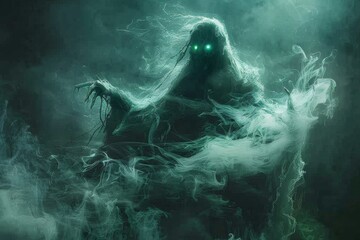 A spectral wraith emerging from the shadows, its eyes glowing faintly green, hands outstretched as if to grasp something unseen - obrazy, fototapety, plakaty