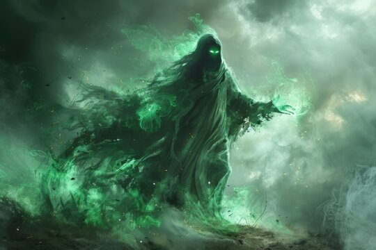A spectral wraith emerging from the shadows, its eyes glowing faintly green, hands outstretched as if to grasp something unseen