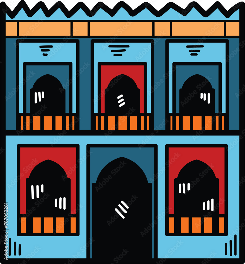 Poster a large building with a large archway and a small window