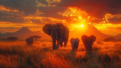 A group of Indian elephants gracefully grazing in a natural landscape at sunset, under a red sky with clouds