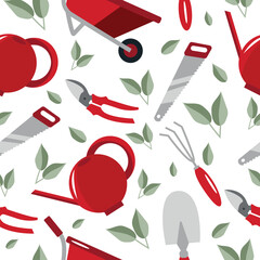 seamless pattern of garden tools namely shovel, secateurs, wheelbarrow, rake, saw and watering can in red colors and green leaves, for textile, print or banner