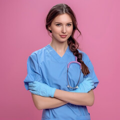 Beautiful girl nurse, doctor photo on a plain pink background.Healthcare, medical staff concept.