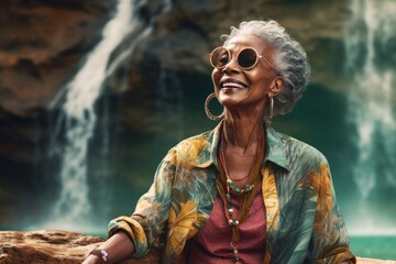 Portrait of a blissful afro-american woman in her 80s dressed in a casual t-shirt isolated in backdrop of a spectacular waterfall