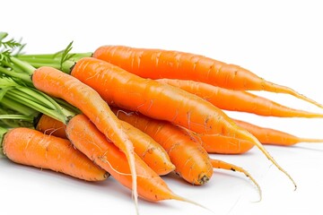 Vibrant orange carrots tumbling gracefully against a pure white background.