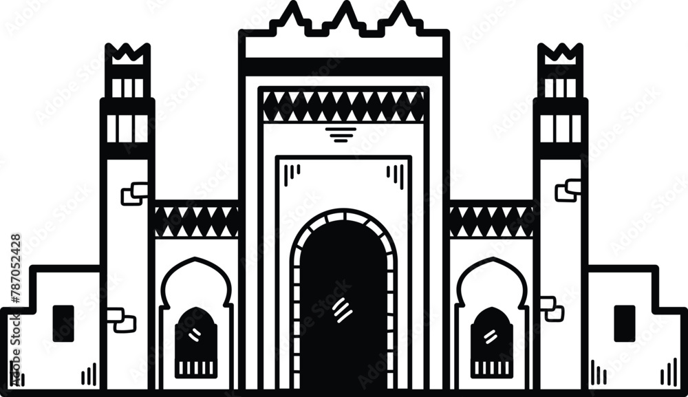 Poster a large building with a large archway and a small window