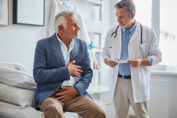 Fototapeta premium A doctor is examining an elderly man with stomach pain in the medical room, holding his belly. Portrait of senior man sharing health issues struggles with his medical professional carer practitioner