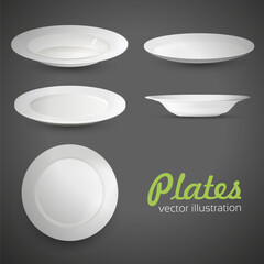 Set of empty white plate on the grey background