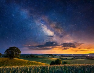 Starry night sky over rural landscape