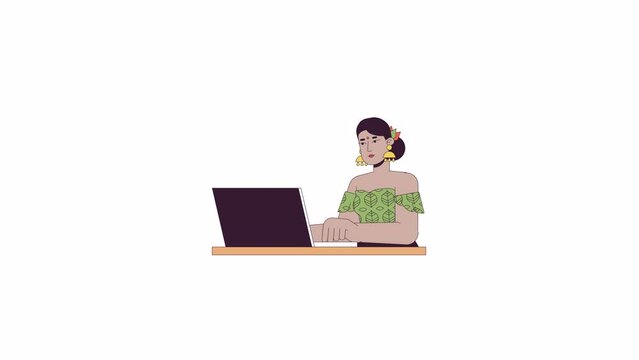 Indian woman typing on laptop line 2D character animation. Browsing information online flat color cartoon 4K video, alpha channel. Hindu female computer user animated person on white background