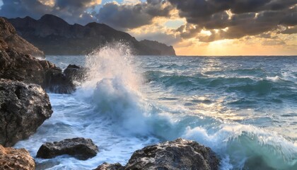 Obraz premium Majestic seascape at sunset with crashing waves