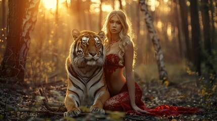 A fantasy female woman with a tiger in a minimal bikini costume. Futuristic portrait of a beautiful amazonian woman. attractive black woman hugging a tiger coexistence, the potential for cooperation