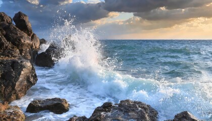 Obraz premium Ocean waves crashing on rocky shore at sunset