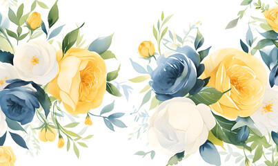 Pattern of yellow and blue roses, green leaves, watercolor, Generative AI