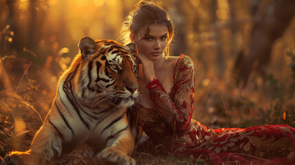 A fantasy female woman with a tiger in a minimal bikini costume. Futuristic portrait of a beautiful amazonian woman. attractive black woman hugging a tiger coexistence, the potential for cooperation