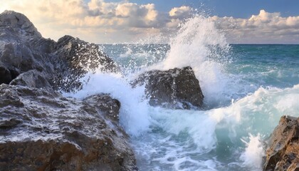 Obraz premium Crashing waves on rocky shoreline
